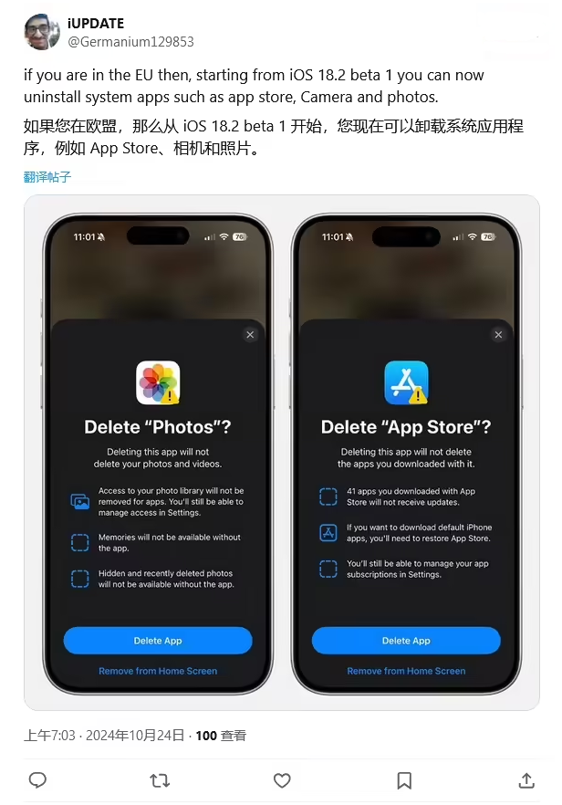 盐城苹果手机维修分享iOS 18.2 支持删除 App Store 应用商店 